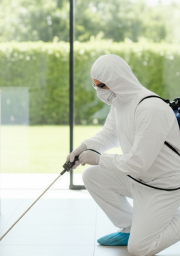 Person in white protective suit spraying disinfectant indoors near a large window with a green garden outside.