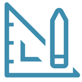Blue outline icon of a triangular ruler and a pencil representing design or drafting tools.