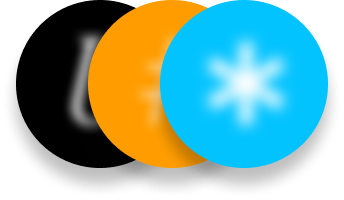 Three overlapping circles with blurred symbols on a black background, colored black, orange, and blue from left to right.