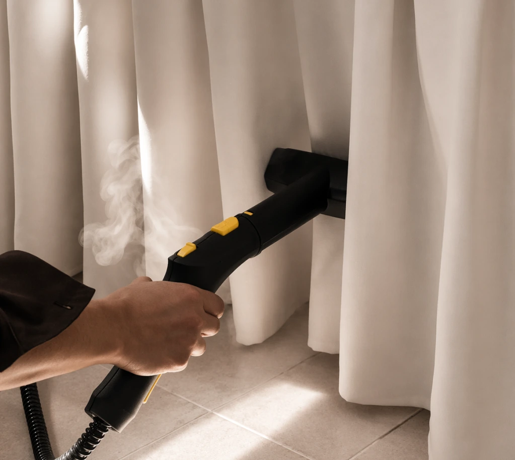 Hand holding a black steam cleaner nozzle emitting steam to clean beige curtains near tiled floor.