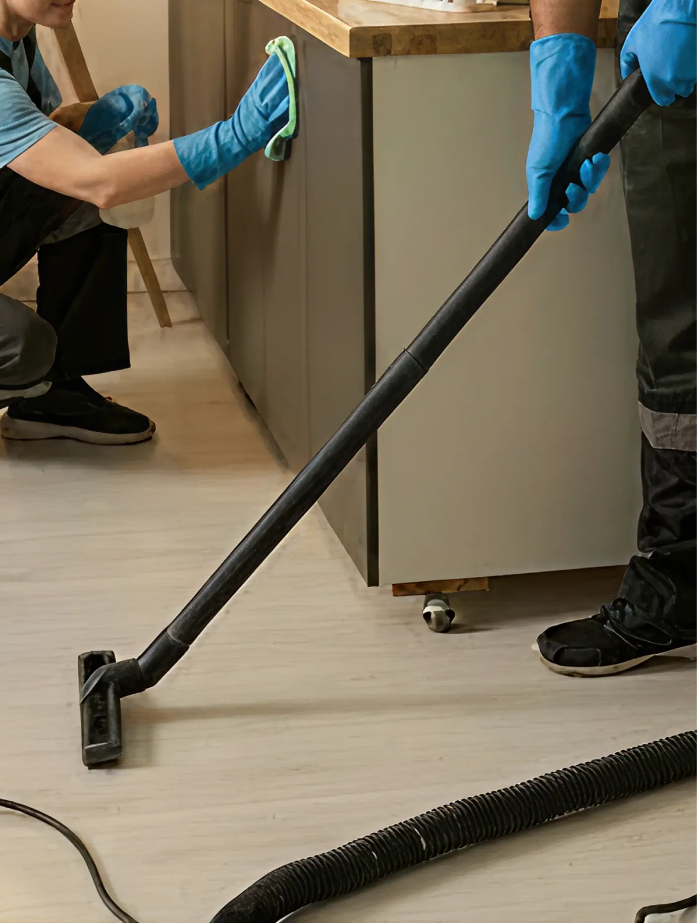 Two people cleaning a kitchen floor and cabinet, one using a vacuum cleaner and the other wiping the cabinet with a cloth, both wearing blue gloves.