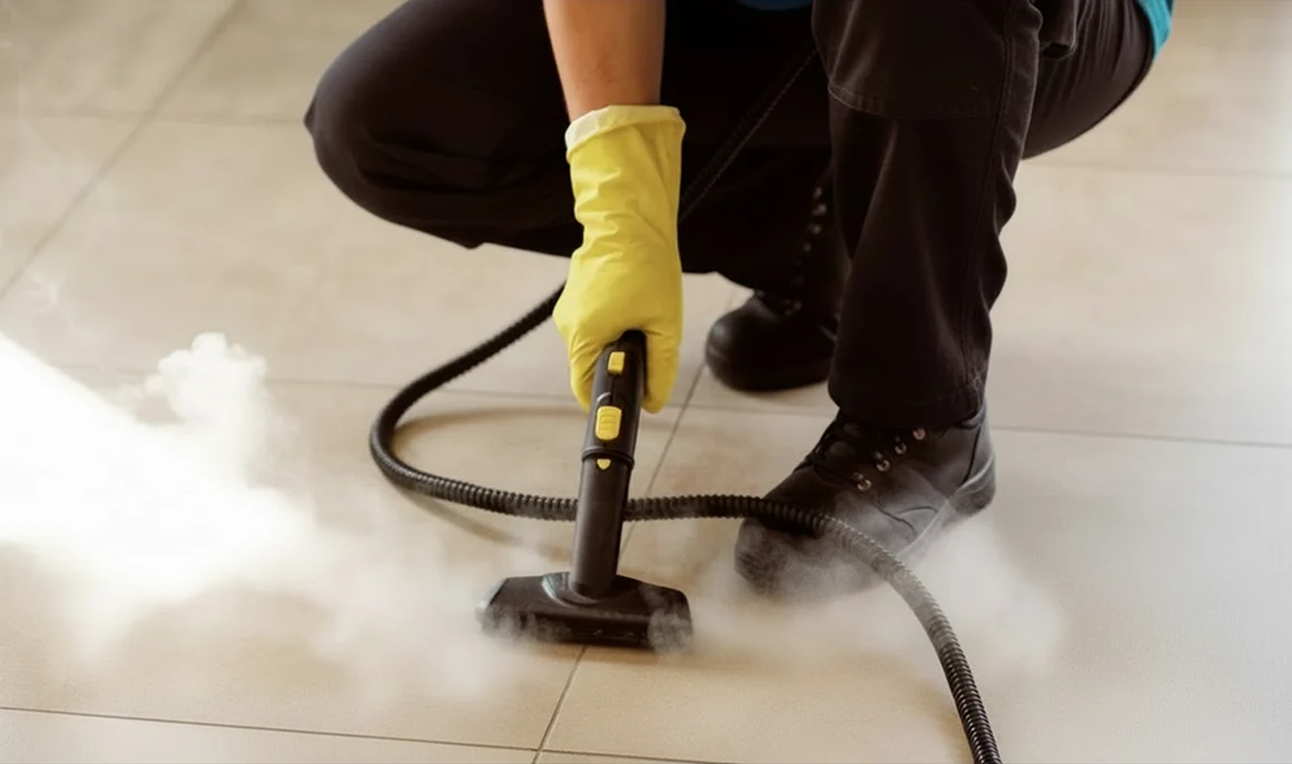 Person wearing yellow gloves using a steam cleaner to clean tiled floor.