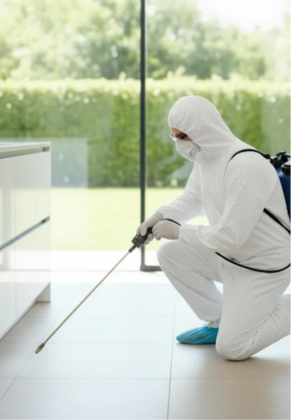 Person wearing protective gear spraying disinfectant on floor inside a modern home.