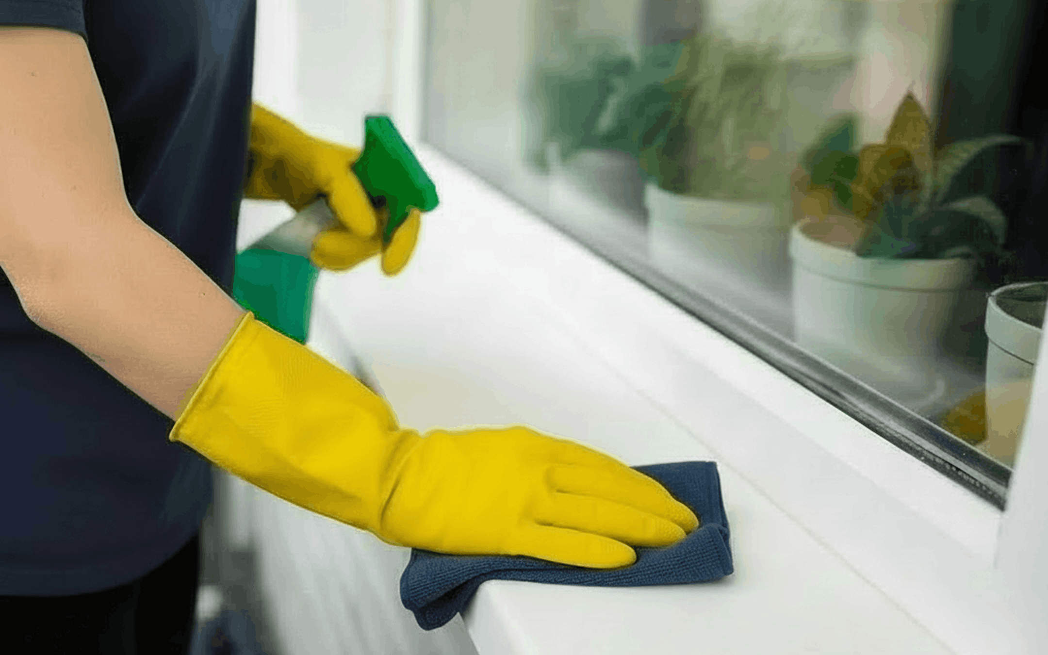Person wearing yellow gloves cleaning a white windowsill with a blue cloth and green spray bottle.