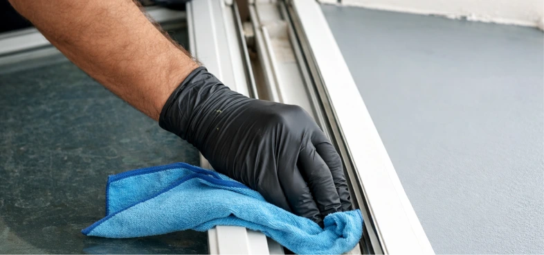 Hand wearing a black glove cleaning a window frame with a blue cloth.