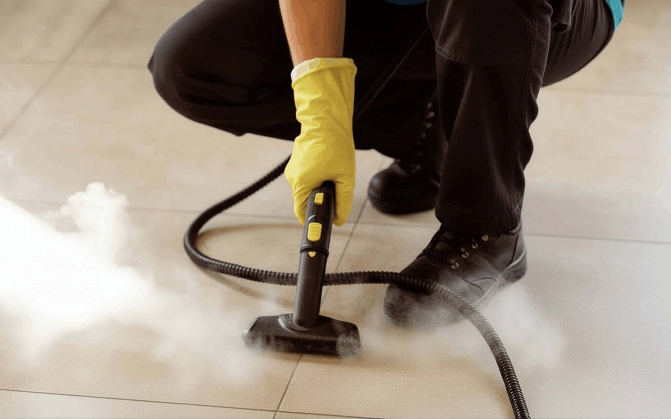Person wearing yellow gloves and black boots using a steam cleaner on tiled floor.