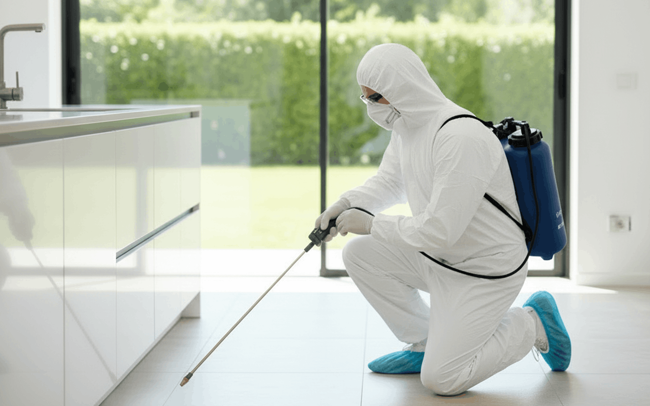 Person in full protective gear spraying disinfectant inside a modern kitchen.