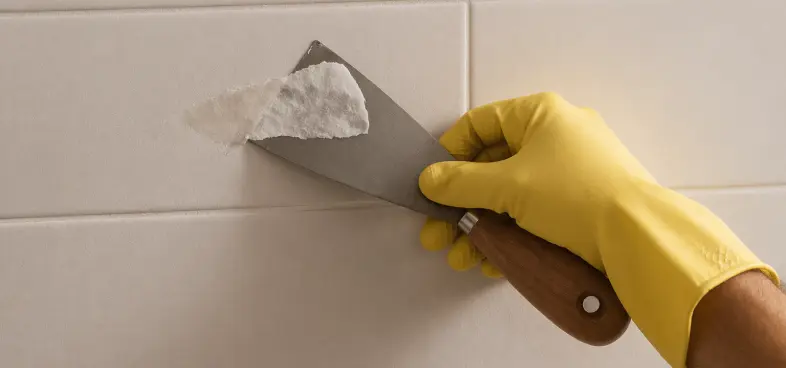 Hand wearing yellow glove scraping off dried substance from a tiled wall with a putty knife.