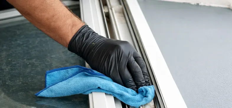 Hand wearing a black glove cleaning a window frame with a blue cloth.