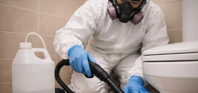 Person in protective suit, gloves, and respirator cleaning a toilet with a hose and chemical container nearby.
