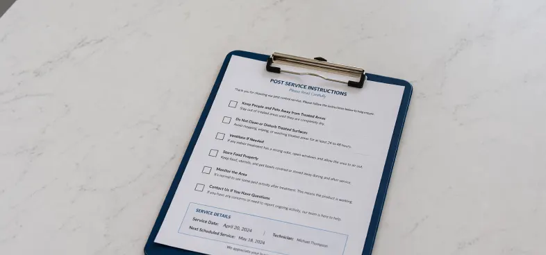 Clipboard with a printed sheet titled 'Post Service Instructions' detailing post-treatment care steps.