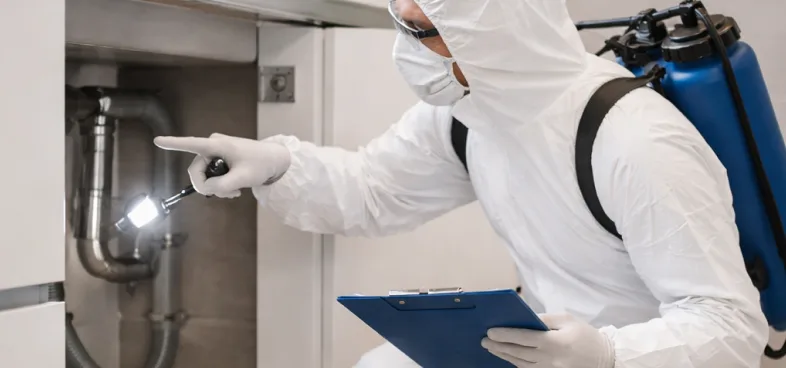 Person in protective suit and mask inspecting plumbing pipes with flashlight while holding clipboard.