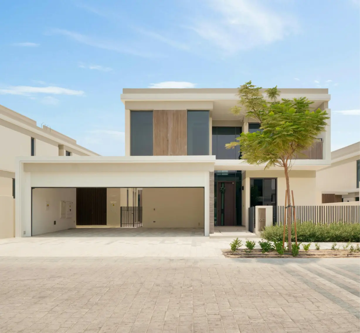 Modern two-story house with large garage, beige exterior, tall windows, and a tree in front yard.