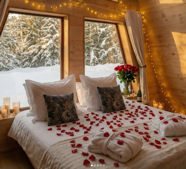 Décoration romantique avec bouquet et pétales de roses dans une cabane dans les arbres – Nids des Vosges