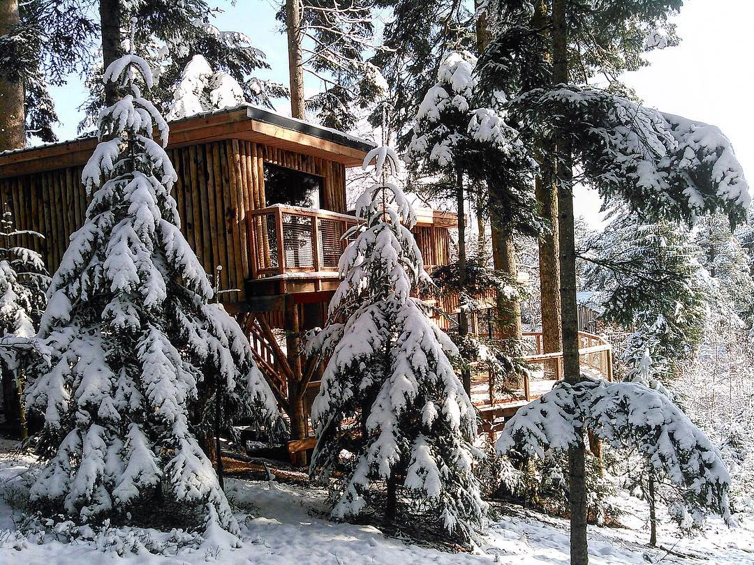 Cabane sous la neige en hiver