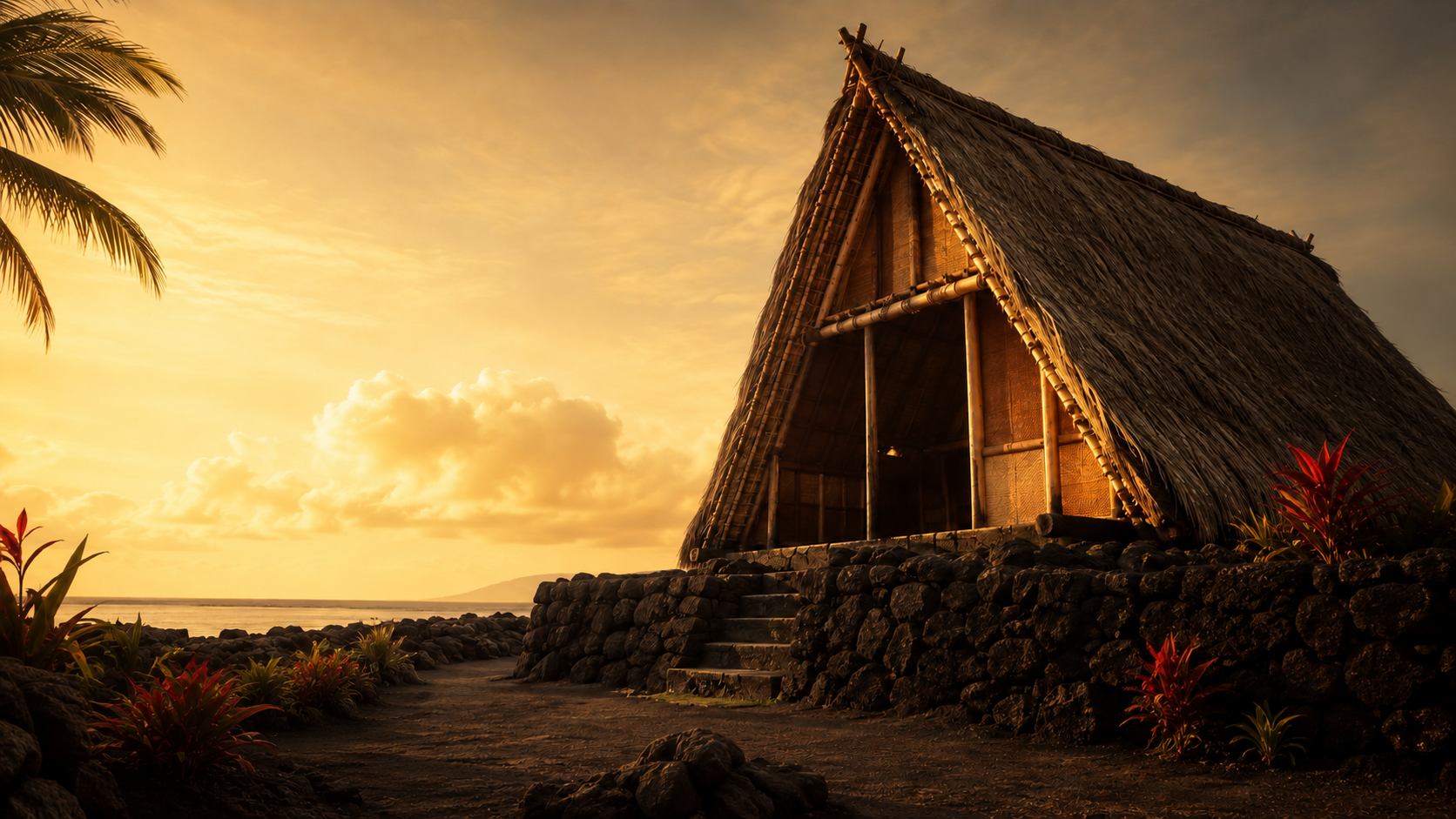 Serene beach setting viewed from inside a traditional Hawaiian-style hale