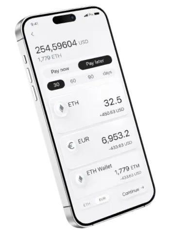 Smartphone screen showing a cryptocurrency payment app with options to pay now or later, displaying balances in ETH, EUR, and ETH Wallet.