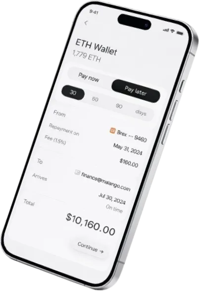 Mobile screen showing ETH Wallet with 1.779 ETH, options to pay now or later with 30 days selected, repayment details including fee and total amount $10,160.00.