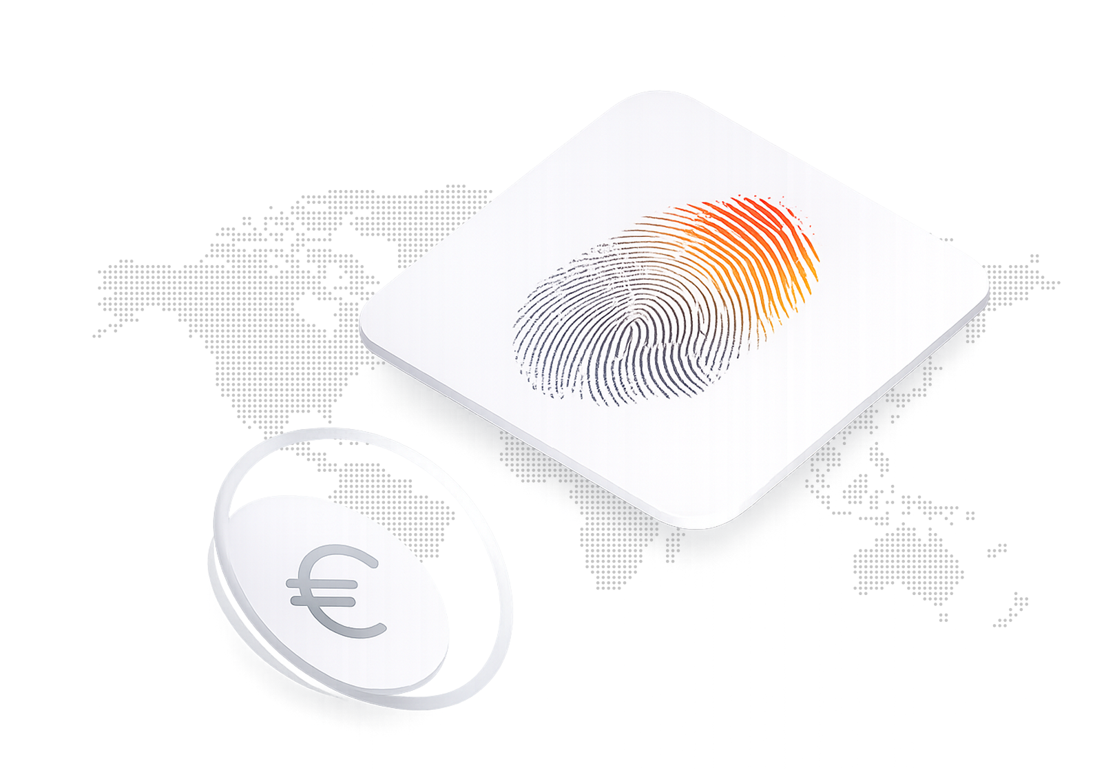 A digital fingerprint with black and orange-red ridges above a Euro currency symbol, set against a dotted world map background.