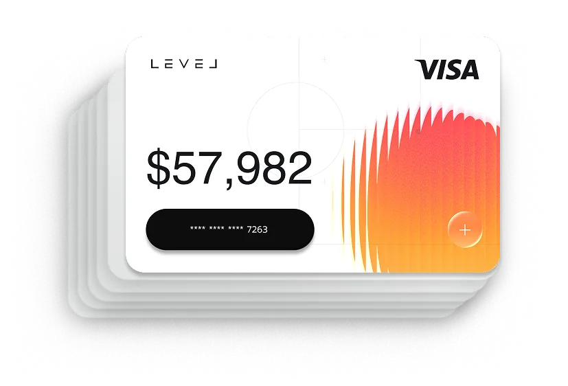 Stack of white and orange VISA cards displaying a balance of $57,982 with partially masked card number