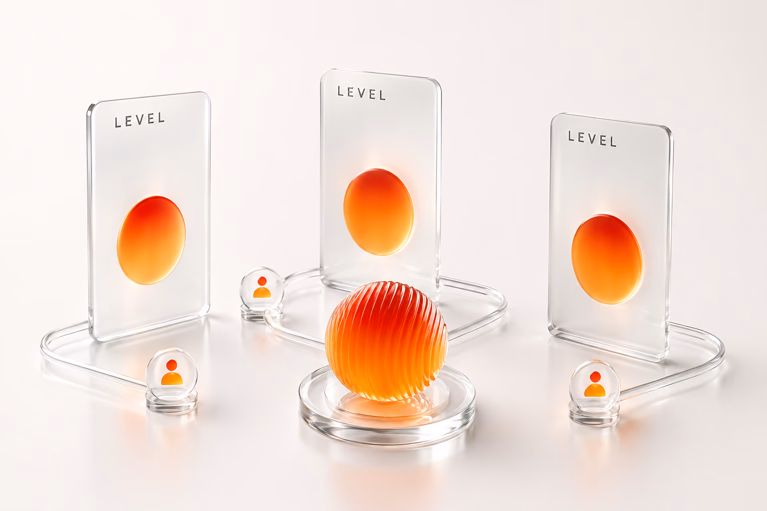 Three transparent cards labeled LEVEL connected by tubes to an orange sphere and smaller icons.