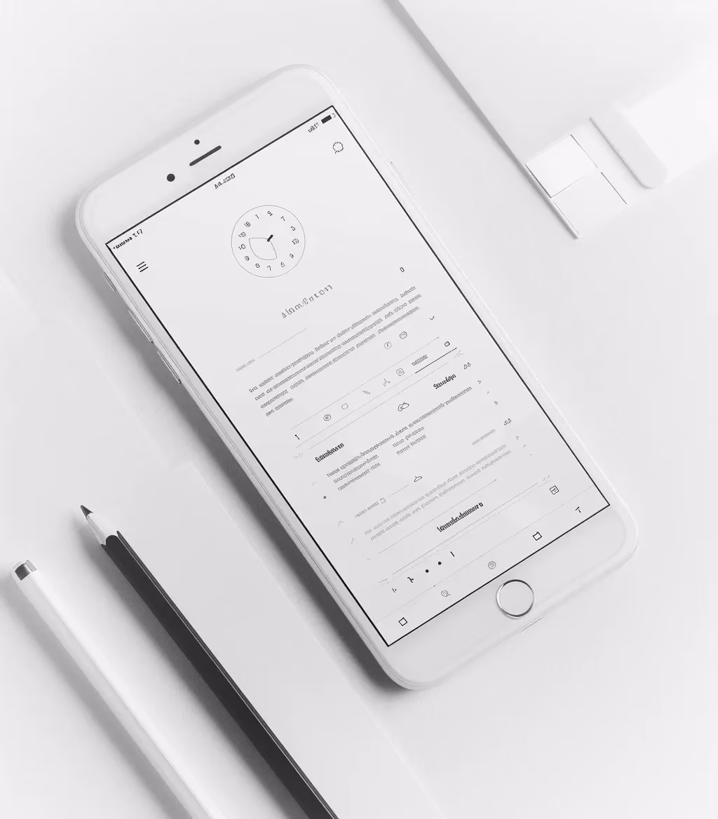 Schwarz-weiß Flatlay eines Smartphones mit minimalistischem App-Interface für cleanes Mobile-Design.