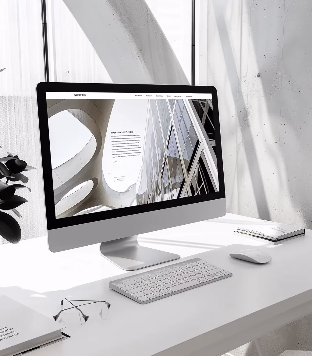 Stand-Bildschirm mit künstlerischem Webdesign auf weißem Hintergrund für Personenmarken.