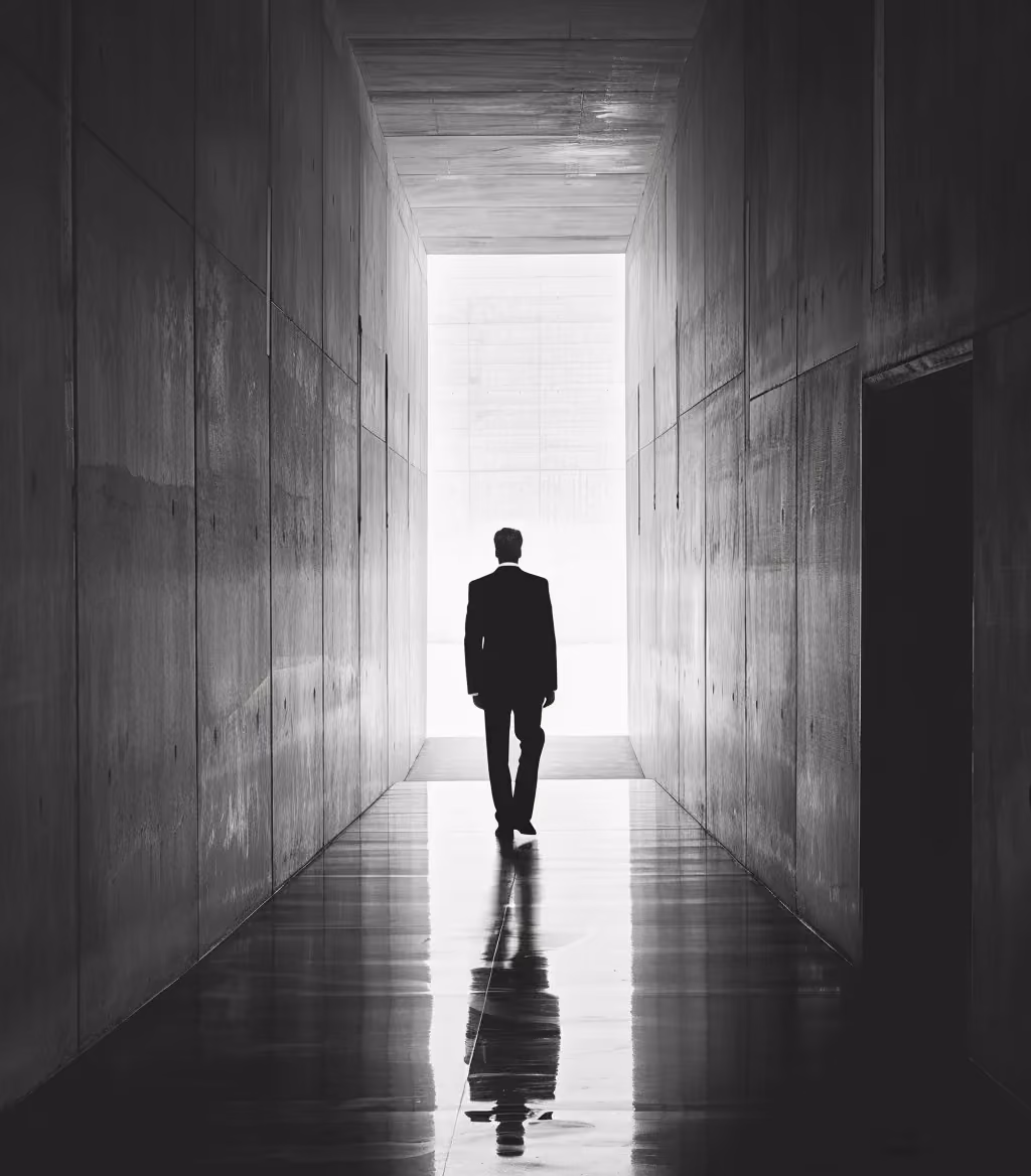 Silhouette eines Experten auf dem Weg zum Licht im minimalistischen Gang für Omnipräsenz.