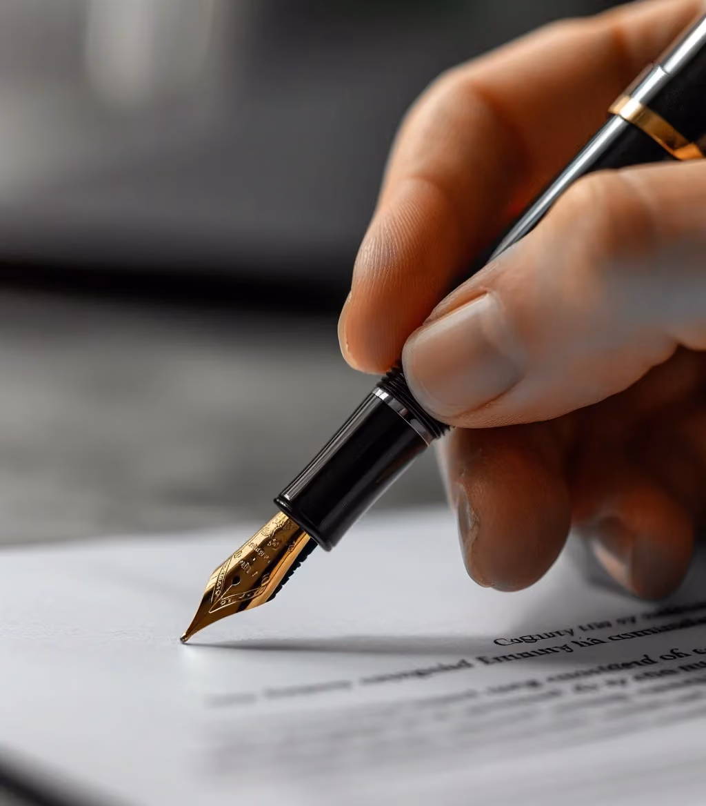 Hand mit elegantem Füllfederhalter beim Signieren eines High-Ticket-Vertrags für Agenturkunden.