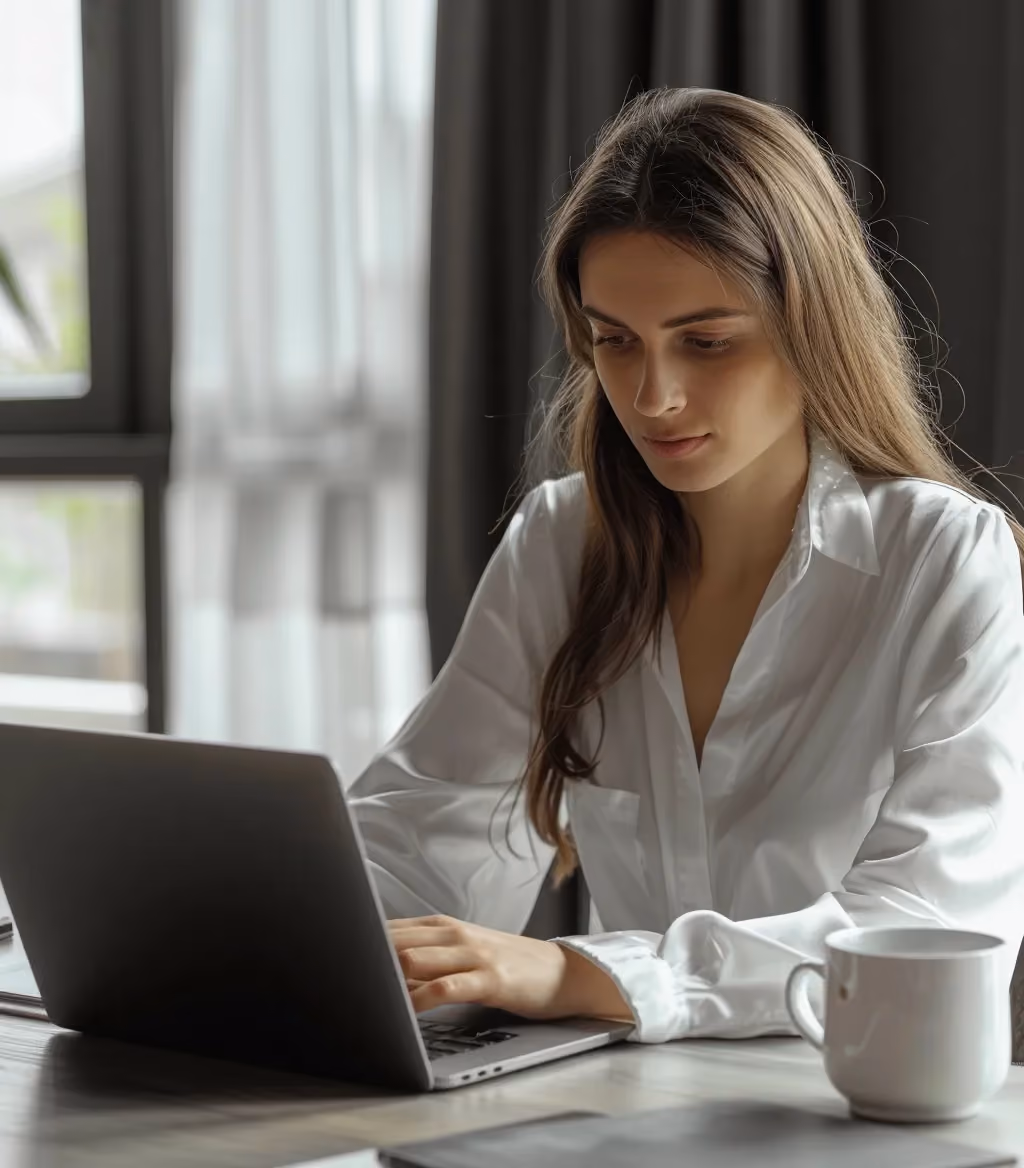 Eine erfolgreiche Expertin arbeitet fokussiert am Laptop im modernen Home-Office.