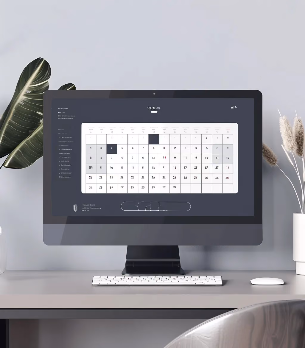 Grauer Monitor mit automatisiertem Kalender-Buchungstool für qualifizierte Funnel-Anfragen.