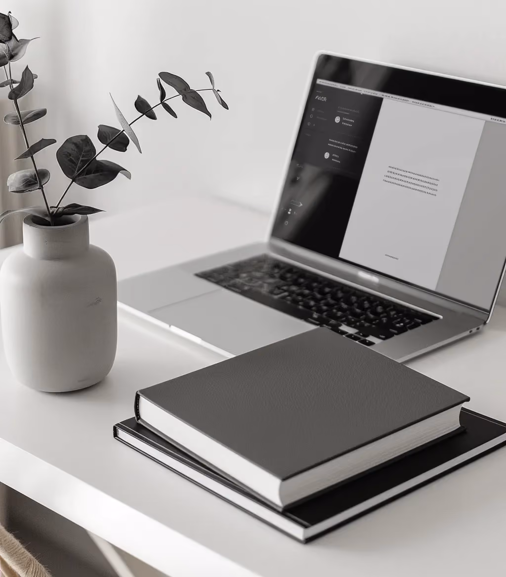 Grauer Laptop mit Büchern auf weißem Schreibtisch für strategische Funnel-Konzeption
