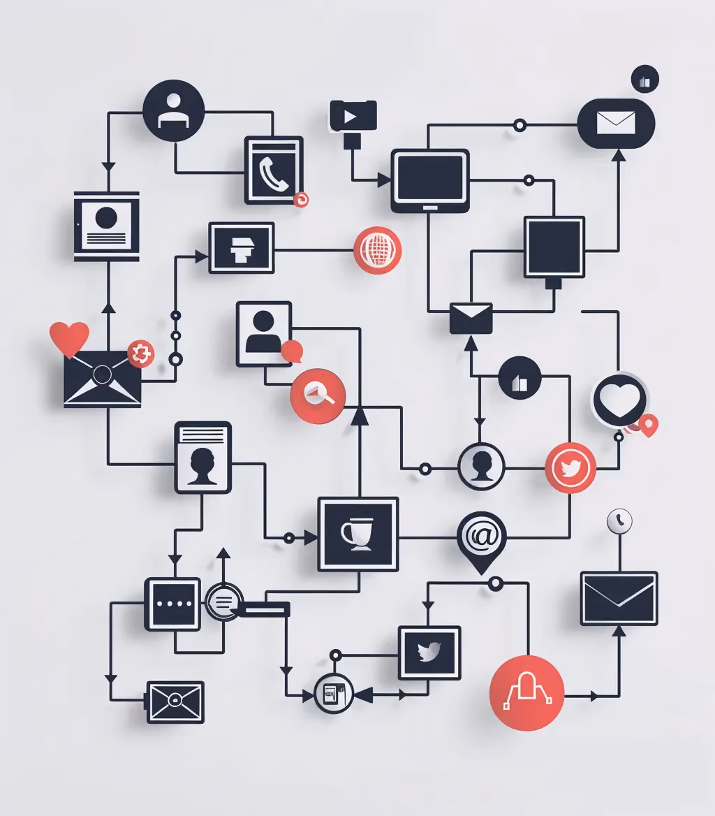 Flat-Icon-Funnelkonzept mit Social-Media-Verknüpfung zu Landingpage und Webinar.