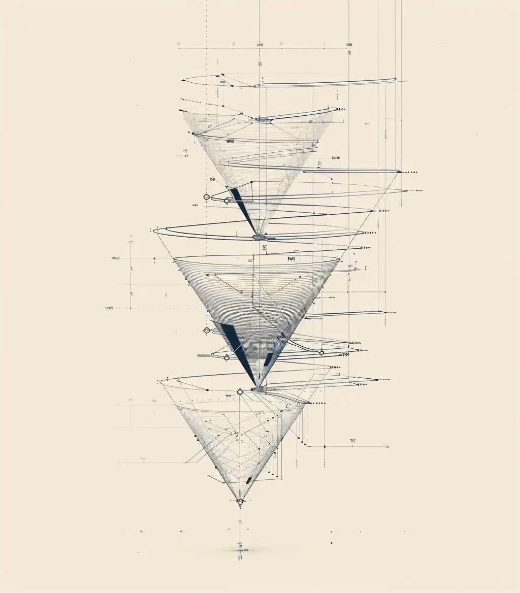 Abstrakte Funnelzeichnung im minimalistischen Vektordesign zur Veranschaulichung von Verkaufspsychologie.