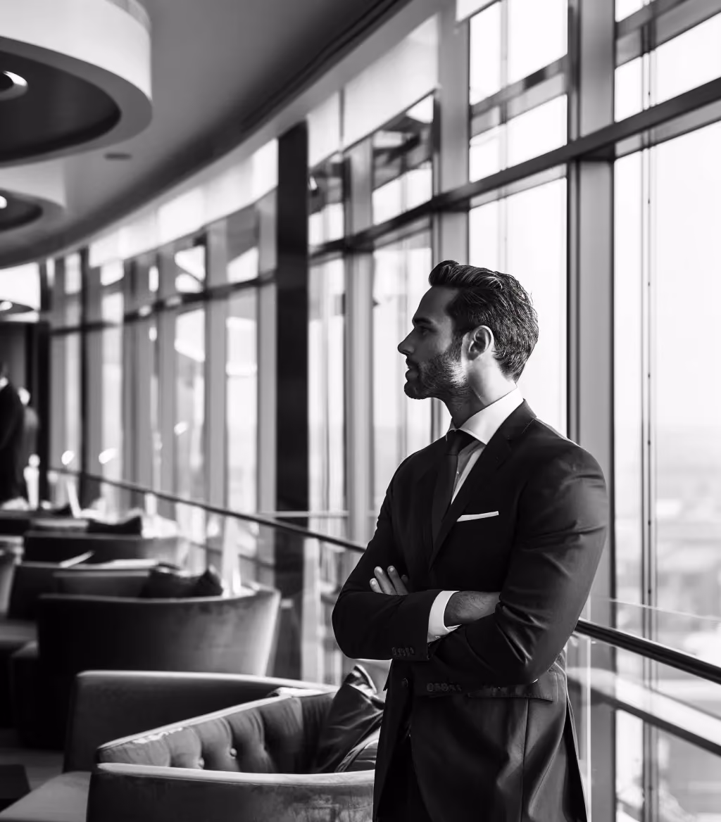 Schwarz-weiß Foto eines erfolgreichen Geschäftsmanns in nobler Bar für Premium-Personal-Branding.