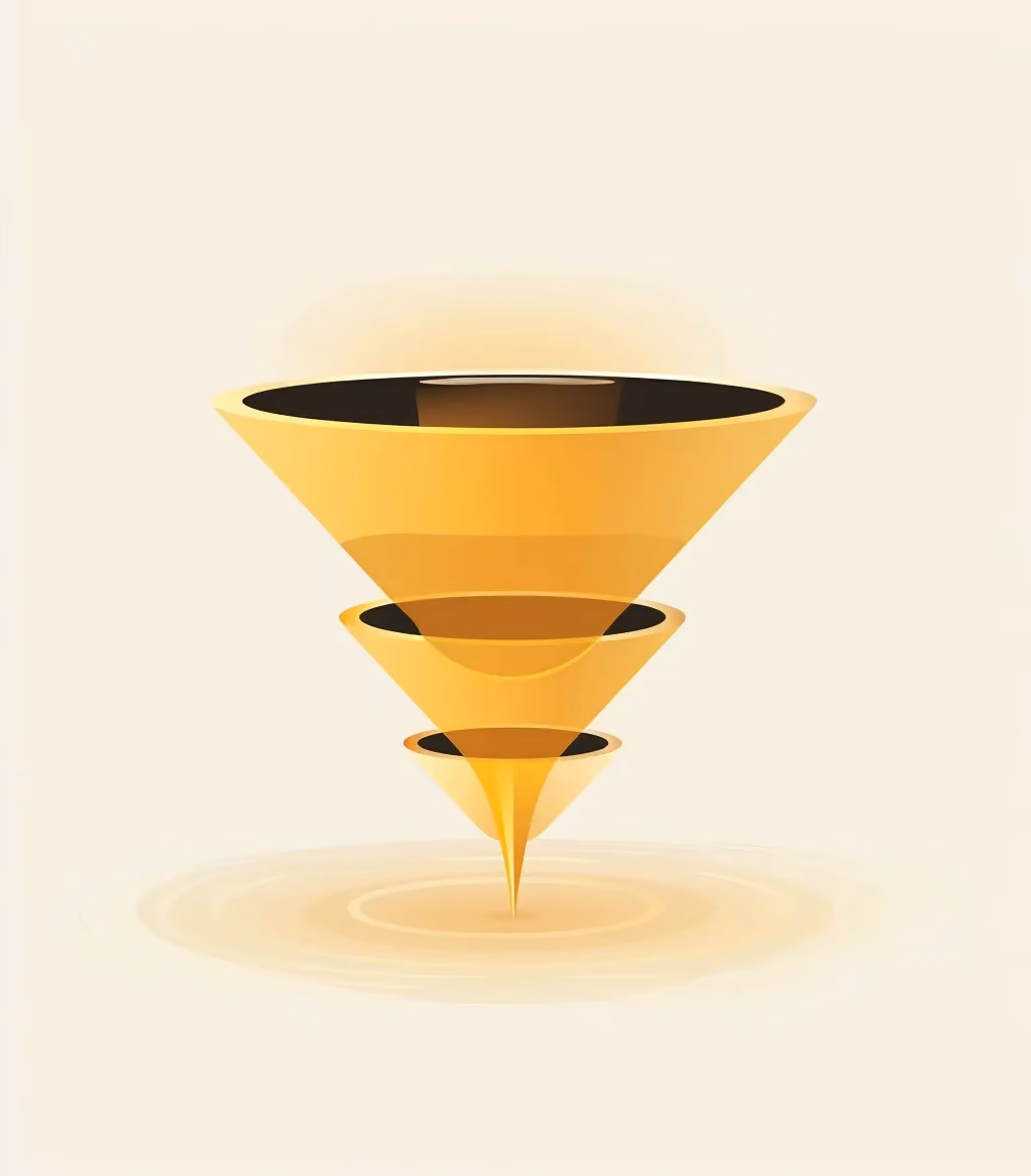 Gold-blauer Conversion-Funnel zur Veranschaulichung von exklusiven High-Ticket-Marketing-Prozessen.