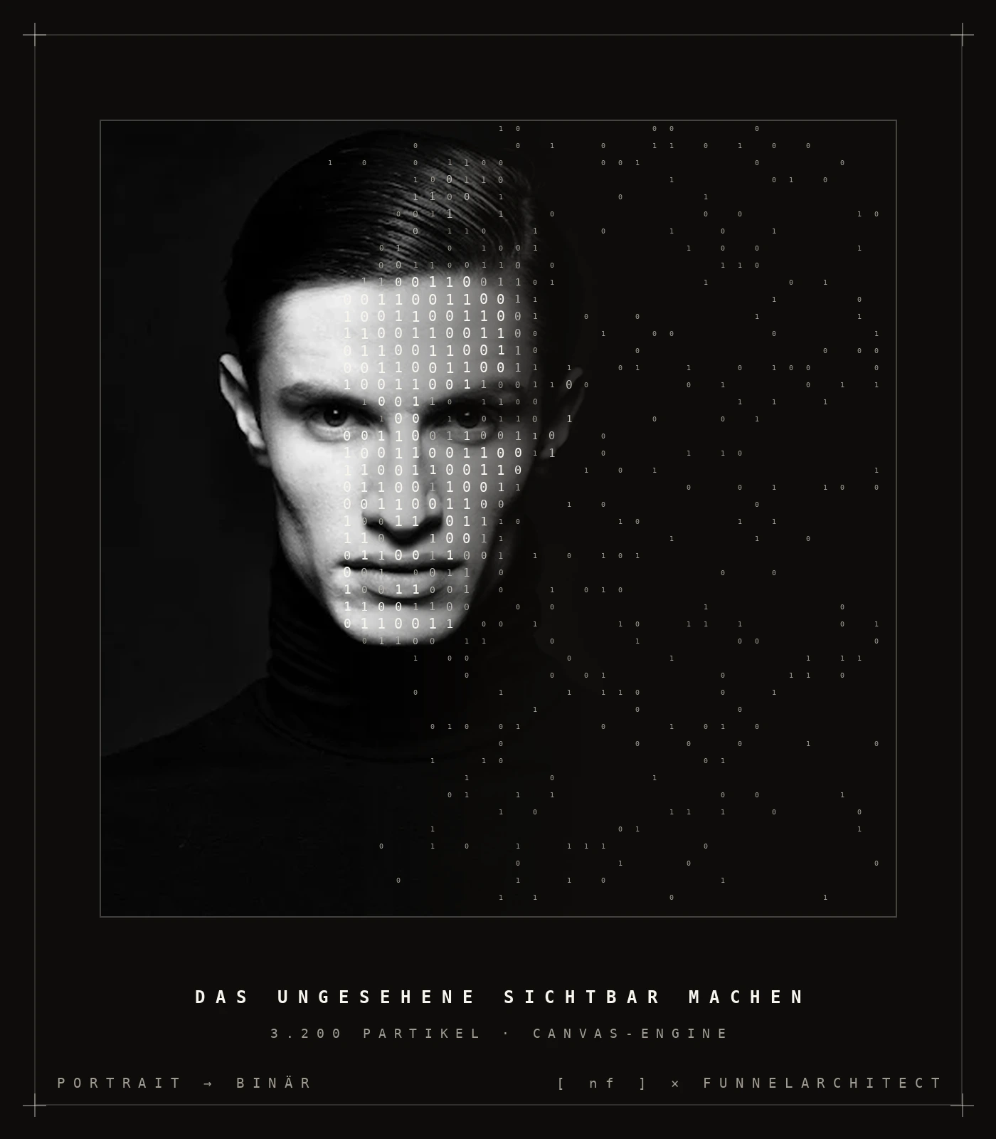 Portrait von Nicholas Flatt, das fließend in Binärcode übergeht