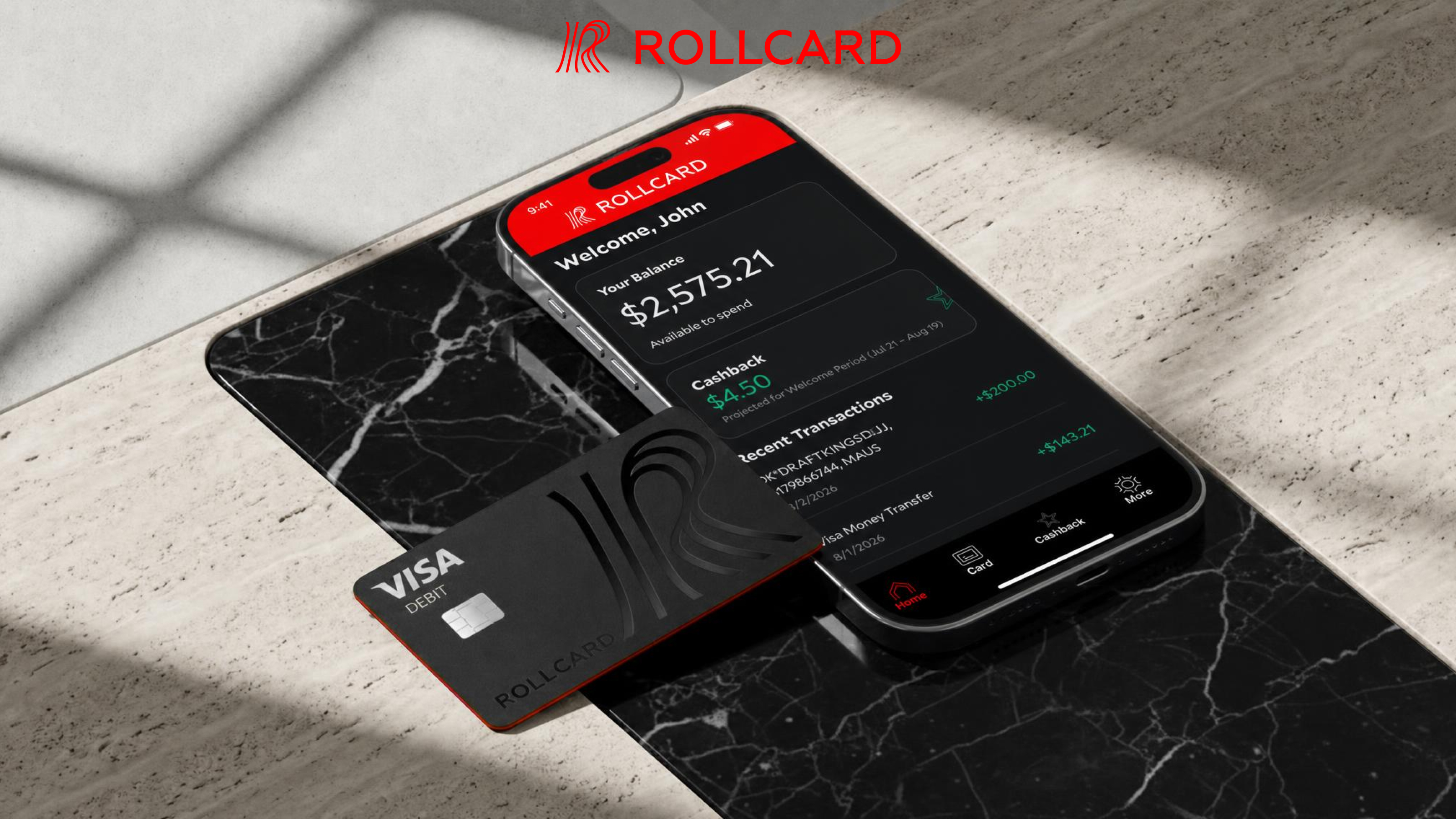 Rollcard app balance screen next to the physical Rollcard Visa debit card