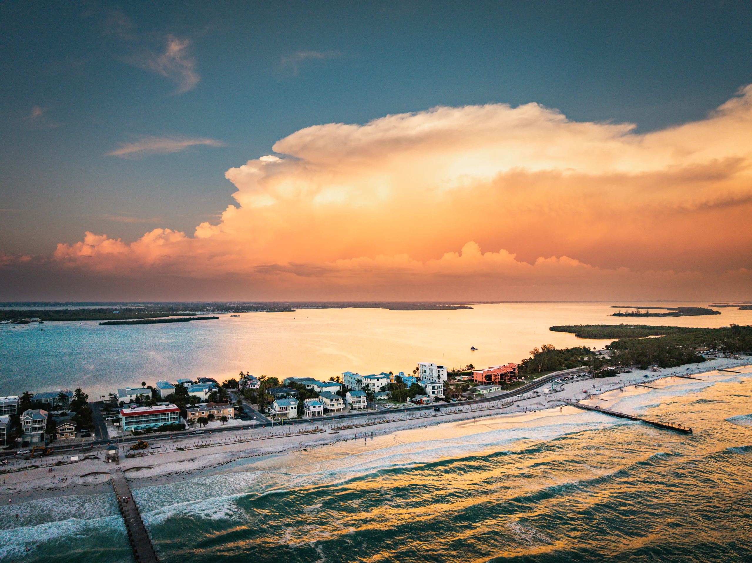 Aerial view of Anna Maria Island and the Gulf at sunset