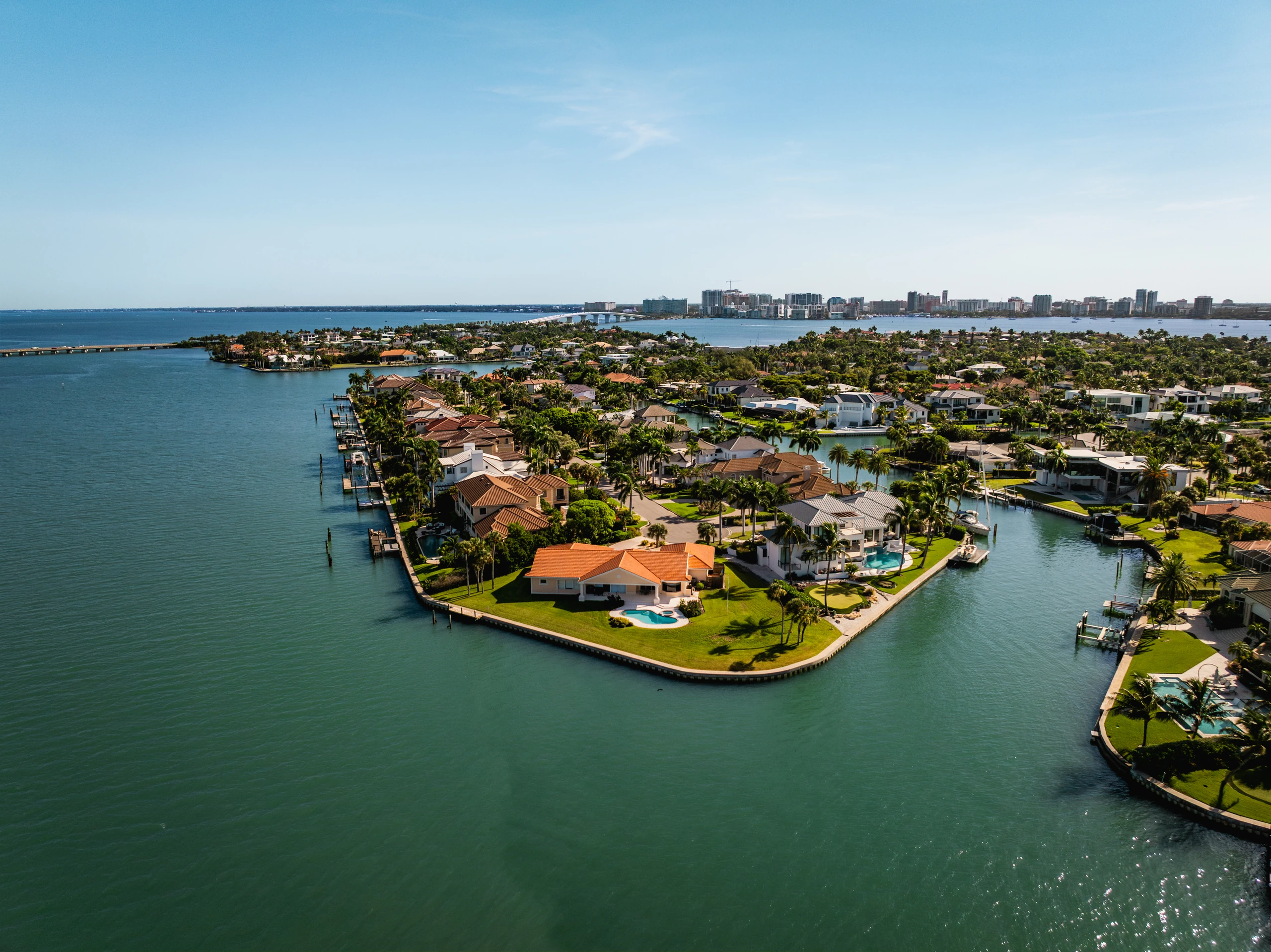 Aerial view of a waterfront neighborhood on Sarasota Bay