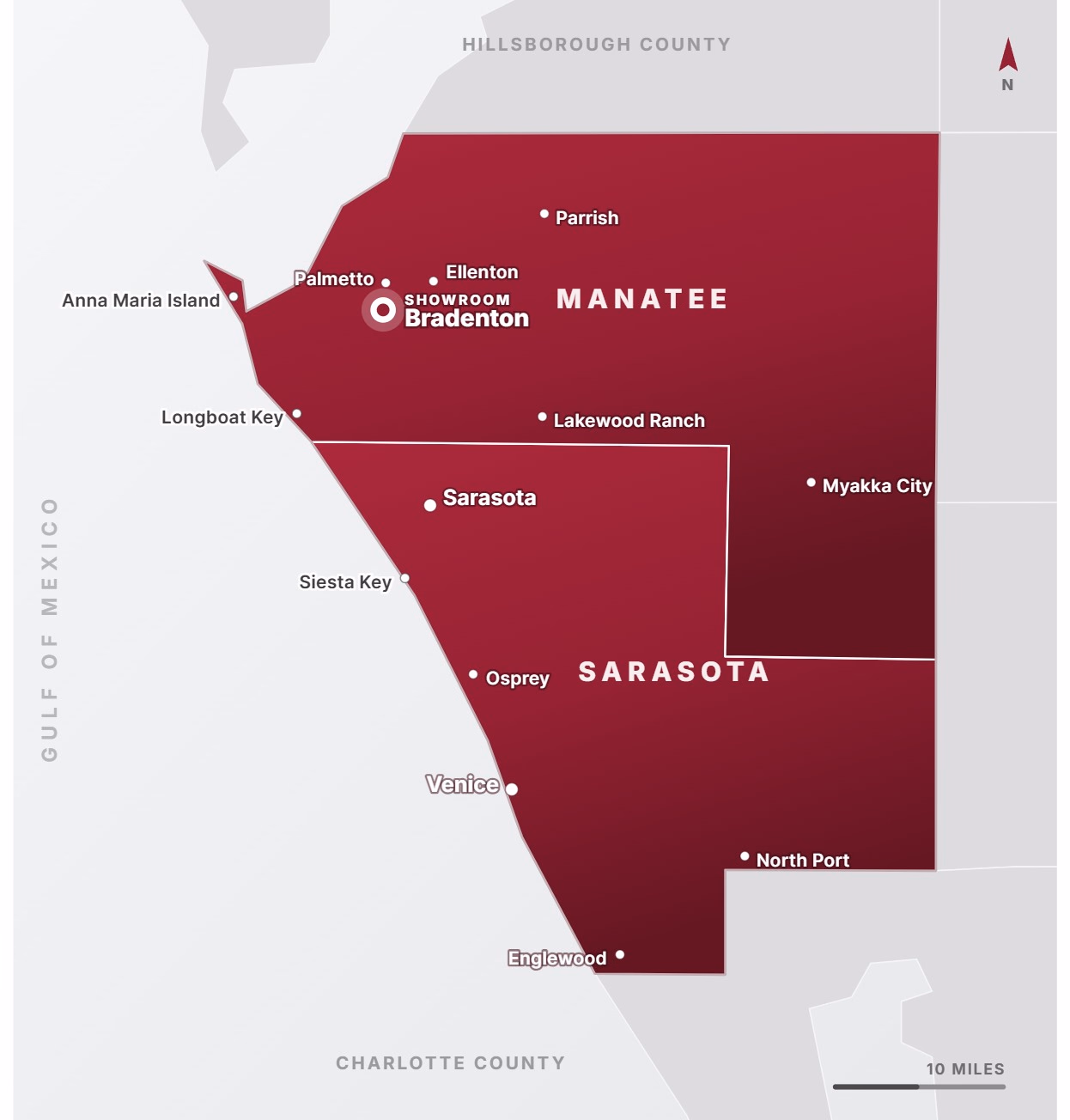 Map of Grayhawk Remodeling's service area covering Manatee and Sarasota counties, from Anna Maria Island and Bradenton south through Sarasota, Venice, North Port and Englewood