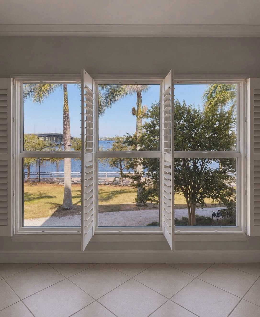 Replacement windows with plantation shutters facing the Manatee River