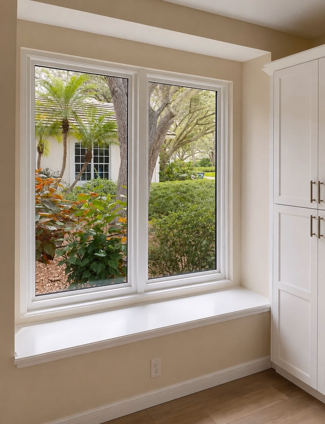 New casement windows above a built in window seat