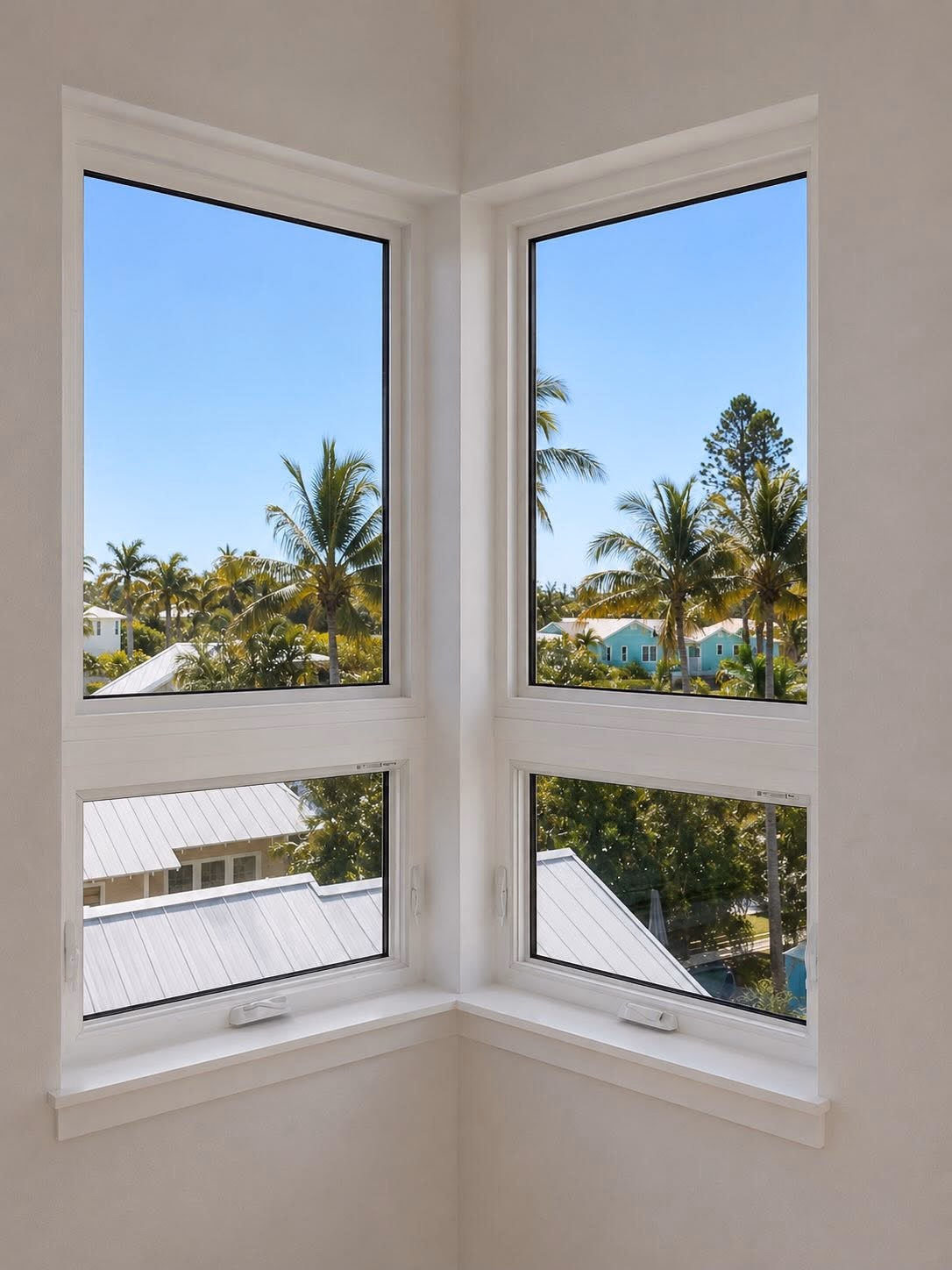 Corner impact windows looking out over palms and rooftops