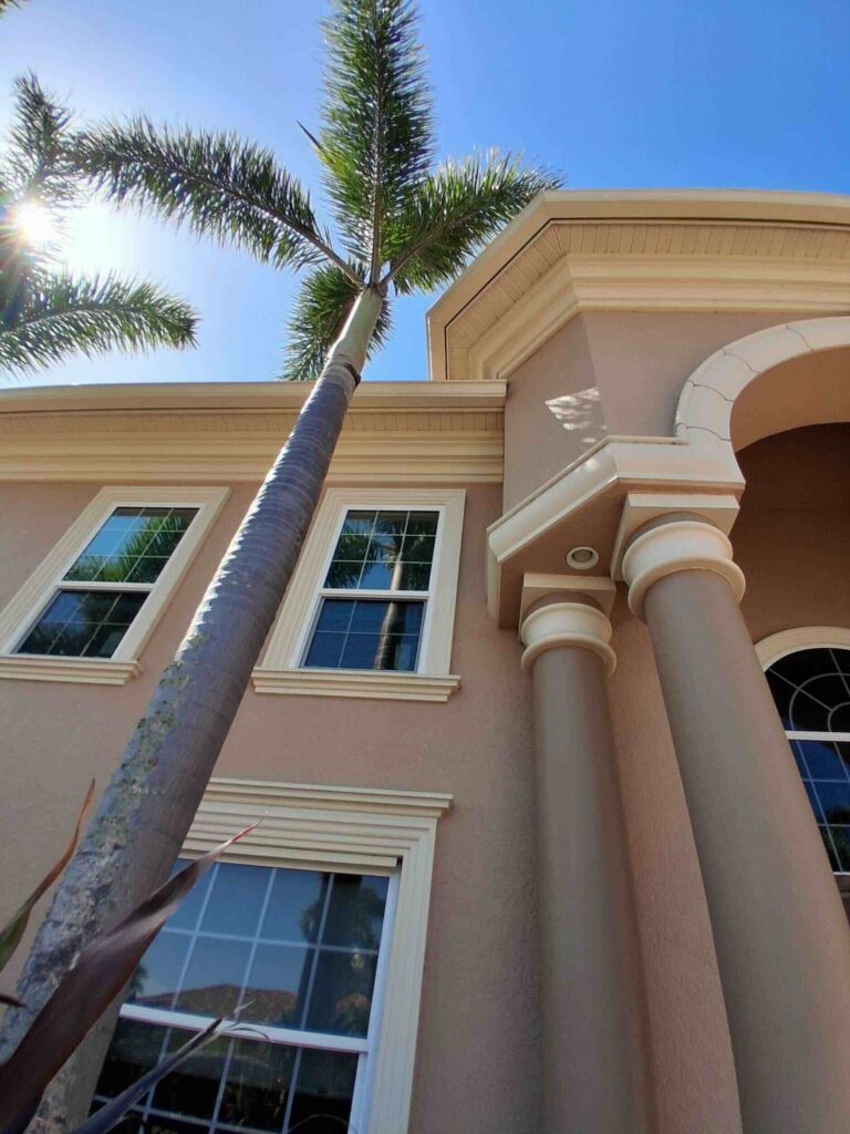 Photo of the outside of a two-story house with three visible windows. A palm tree is right in front of the home.