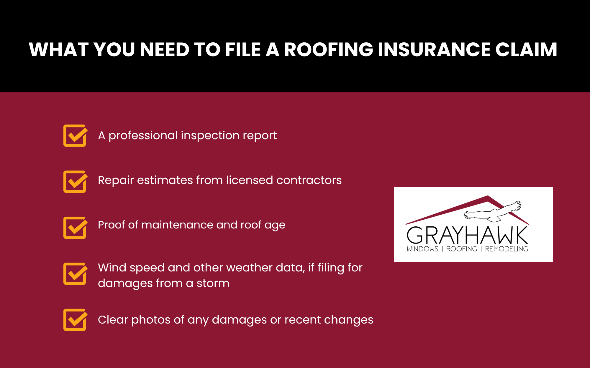 Infographic detailing the information needed to file a roofing insurance claim, including a professional inspection report, repair estimates, proof of maintenance, roof age, wind speed and weather data (if filing for storm damages) and clear phones of any recent damages or changes.