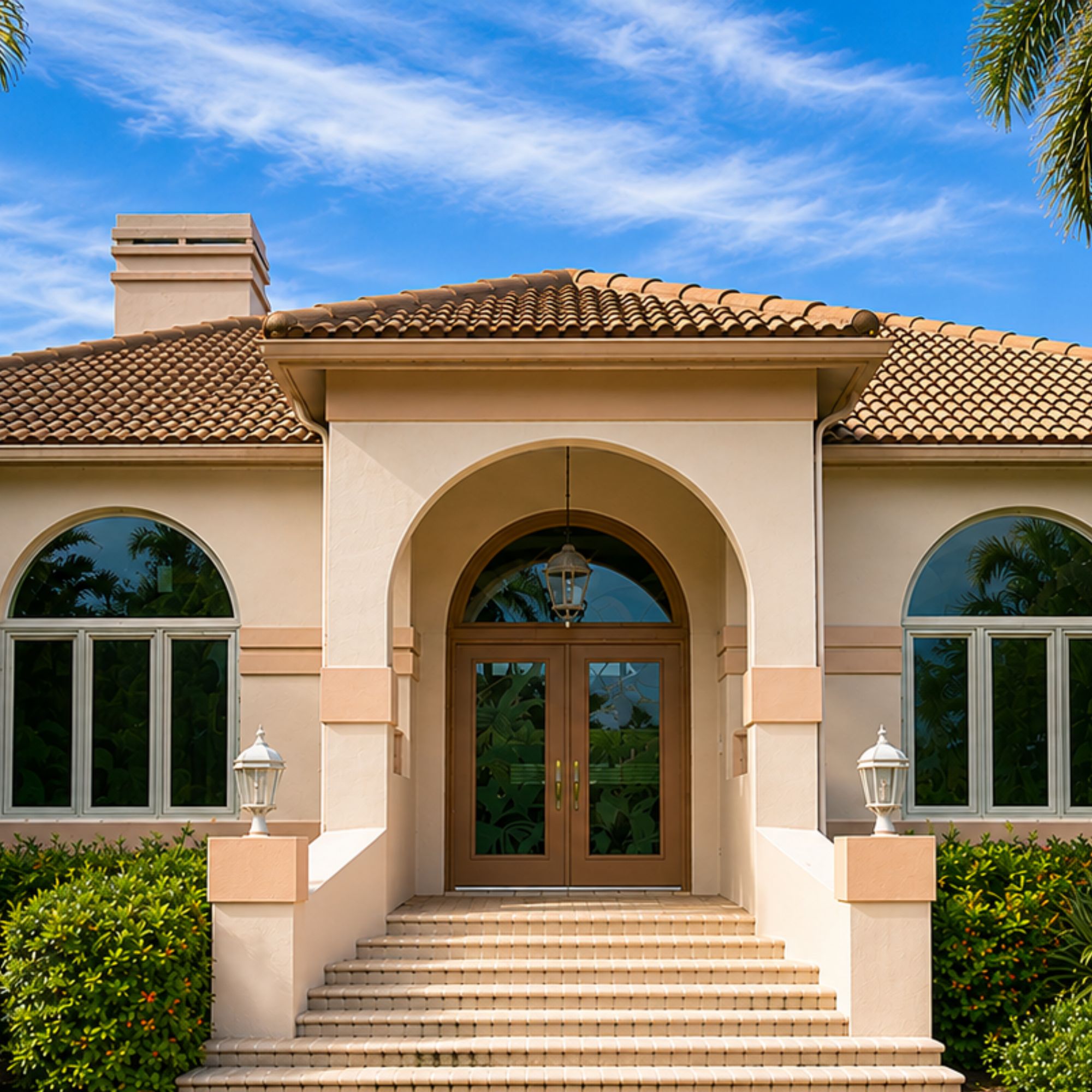 Arched entryway of a Mediterranean-style home with a barrel tile roof