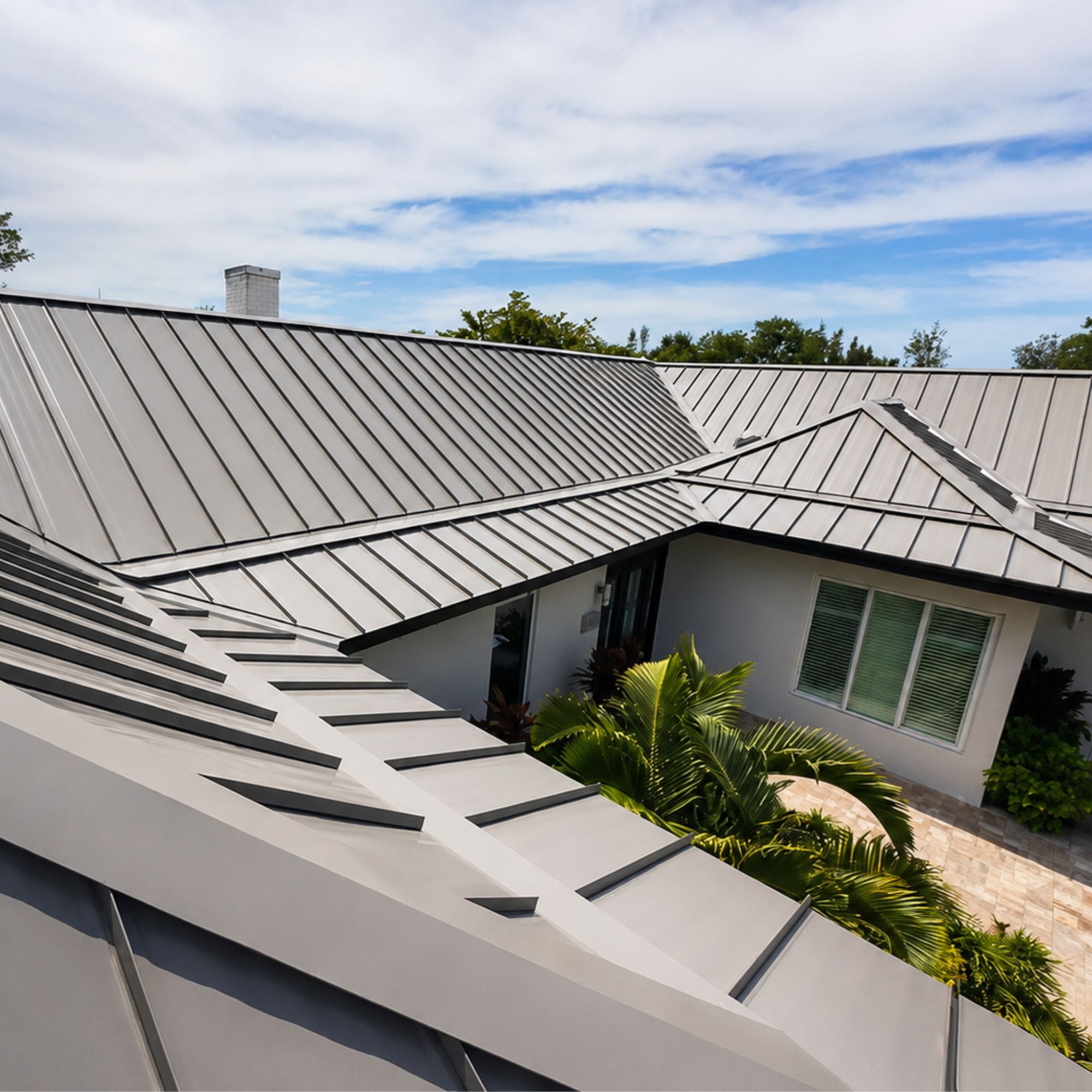 Standing seam metal roof on a Florida home with a lanai below