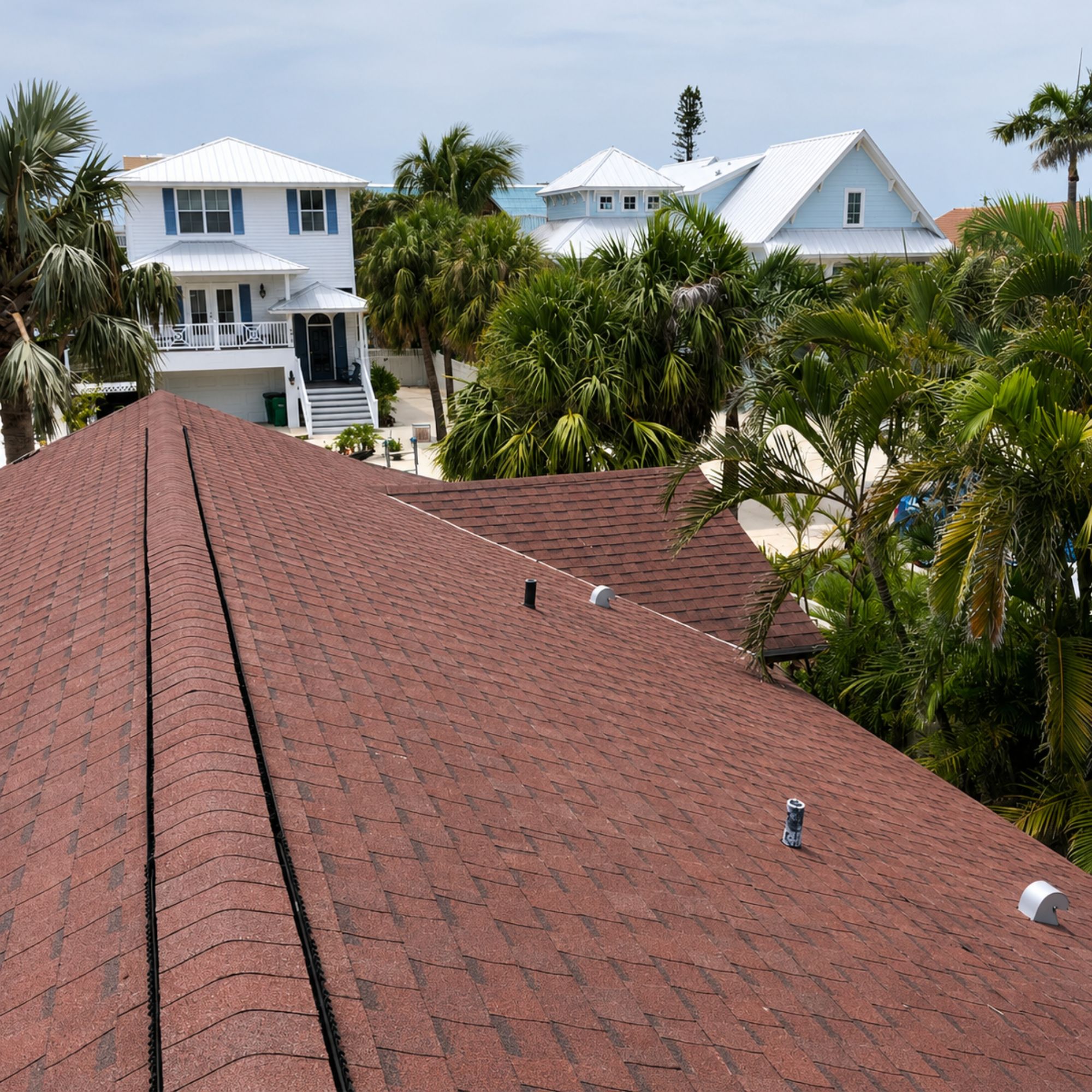 Red architectural shingle roof overlooking coastal homes and palm trees