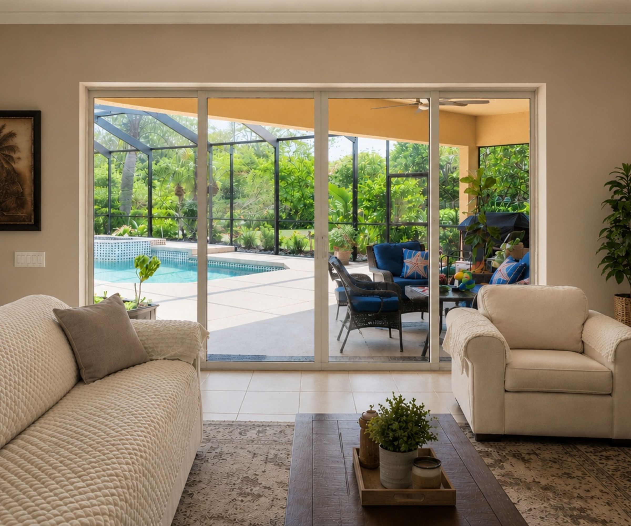 Sliding glass patio doors looking out to a screened pool enclosure